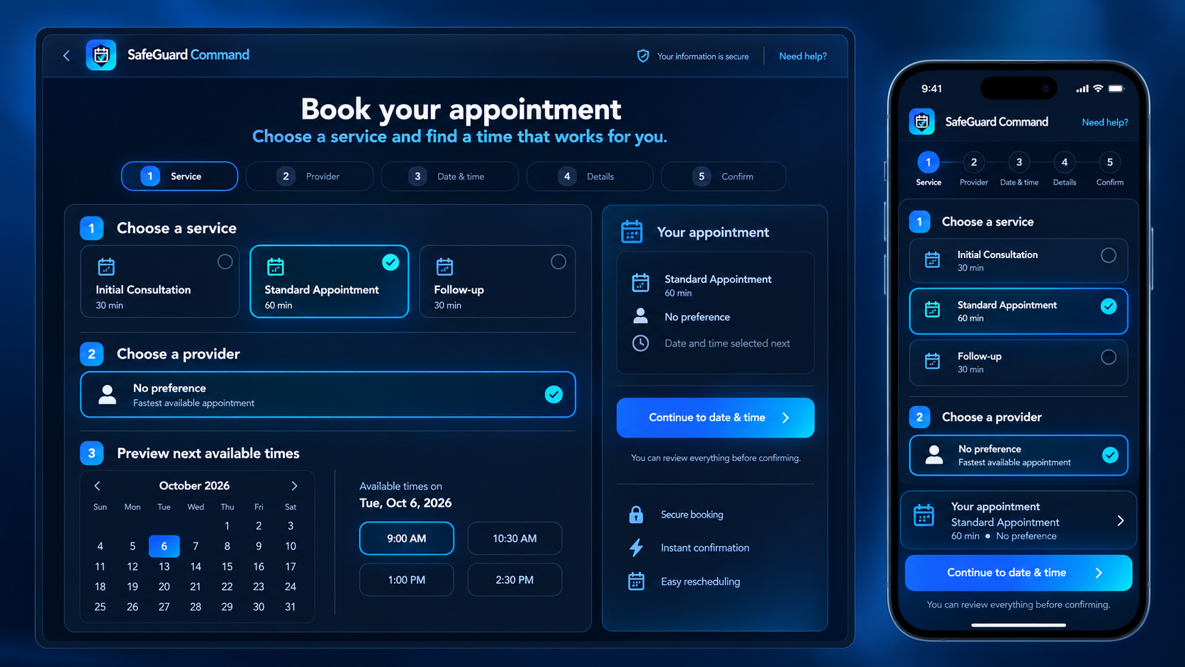 Responsive SafeGuard Bookings appointment flow on desktop and mobile